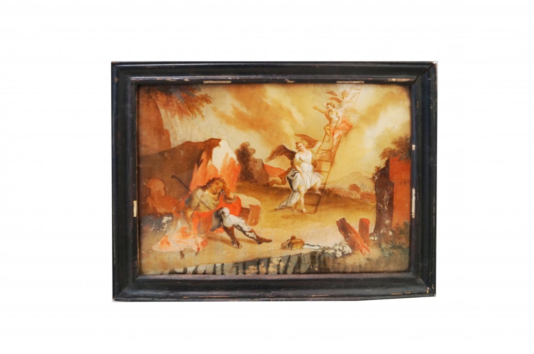 OLD MASTERS STYLE REVERSE PAINTING ON GLASS, "ANGELS: OLD MASTERS STYLE REVERSE PAINTING ON GLASS, "ANGELS WATCHING OVER SHEPHERD", 18/19TH CENTURY. 7 3/4 X 10 1/4"; FRAMED AND GLAZED-10 X 12 1/4" (IMPERFECTIONS)