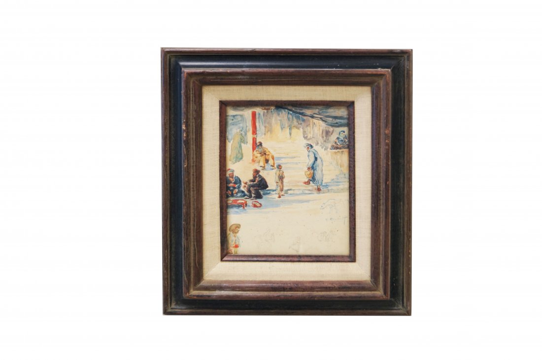 ABEL RENAULT (FRENCH 1903-1992), WATERCOLOR ON PAPER,: ABEL RENAULT (FRENCH 1903-1992), WATERCOLOR ON PAPER, "MOROCCAN MARKETPLACE". SIGHT 7 1/2 X 5 1/2"; FRAMED AND GLAZED-13 1/2 X 11 1/4"