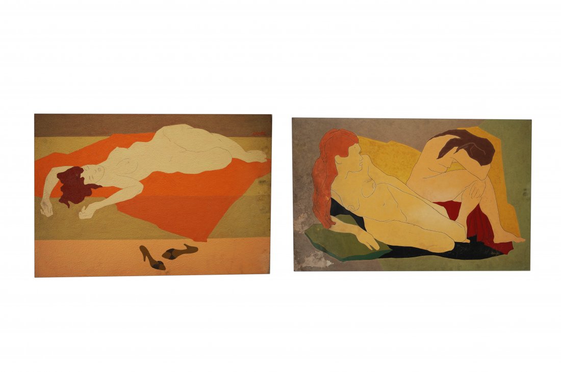 RAPHAEL ELLENDER (AMERICAN 1906-1972), LOT (2) OIL ON: RAPHAEL ELLENDER (AMERICAN 1906-1972), LOT (2) OIL ON MASONITE, "CIESTA" AND NUDE FEMALES. 23 X 31 3/4"; 23 3/4 X 36" (IMPERFECTIONS)