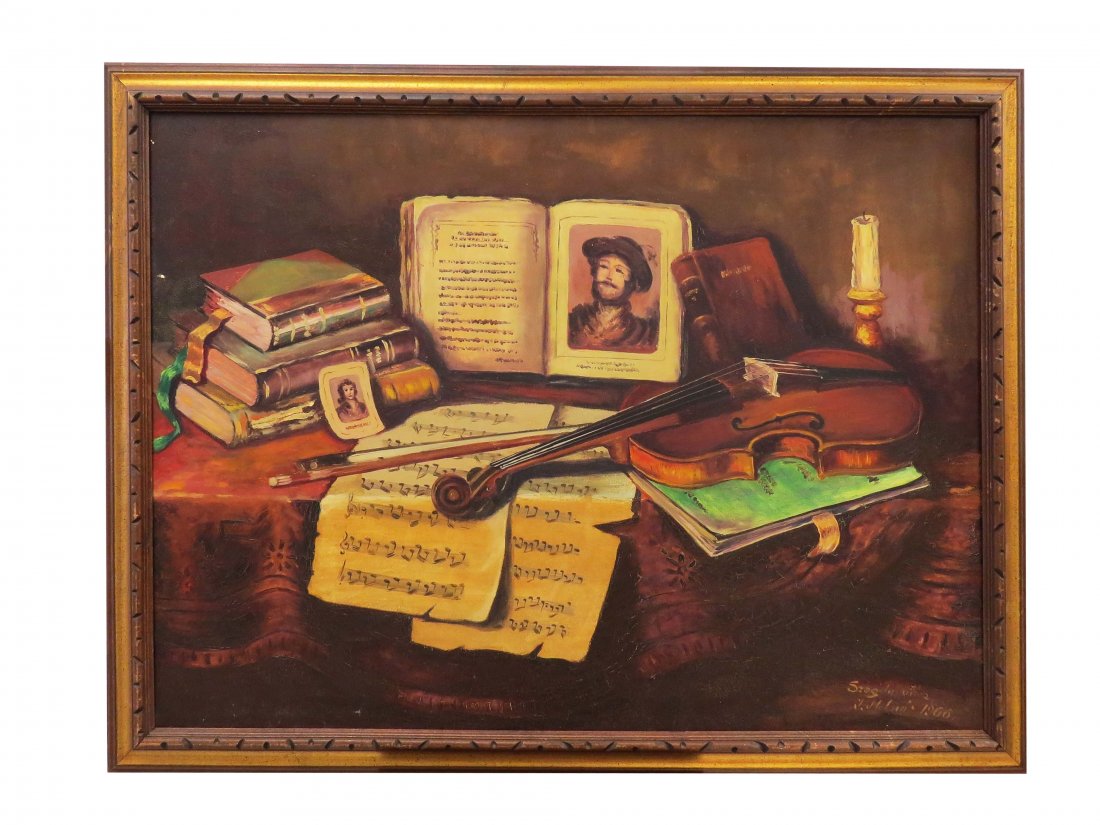 ARISZTID SZENDY (HUNGARY 1903-1972), OIL ON CANVAS,: ARISZTID SZENDY (HUNGARY 1903-1972), OIL ON CANVAS, ARRANGEMENT WITH VIOLIN, SIGNED, 1966. 25 X 33"; FRAMED 29 X 37"