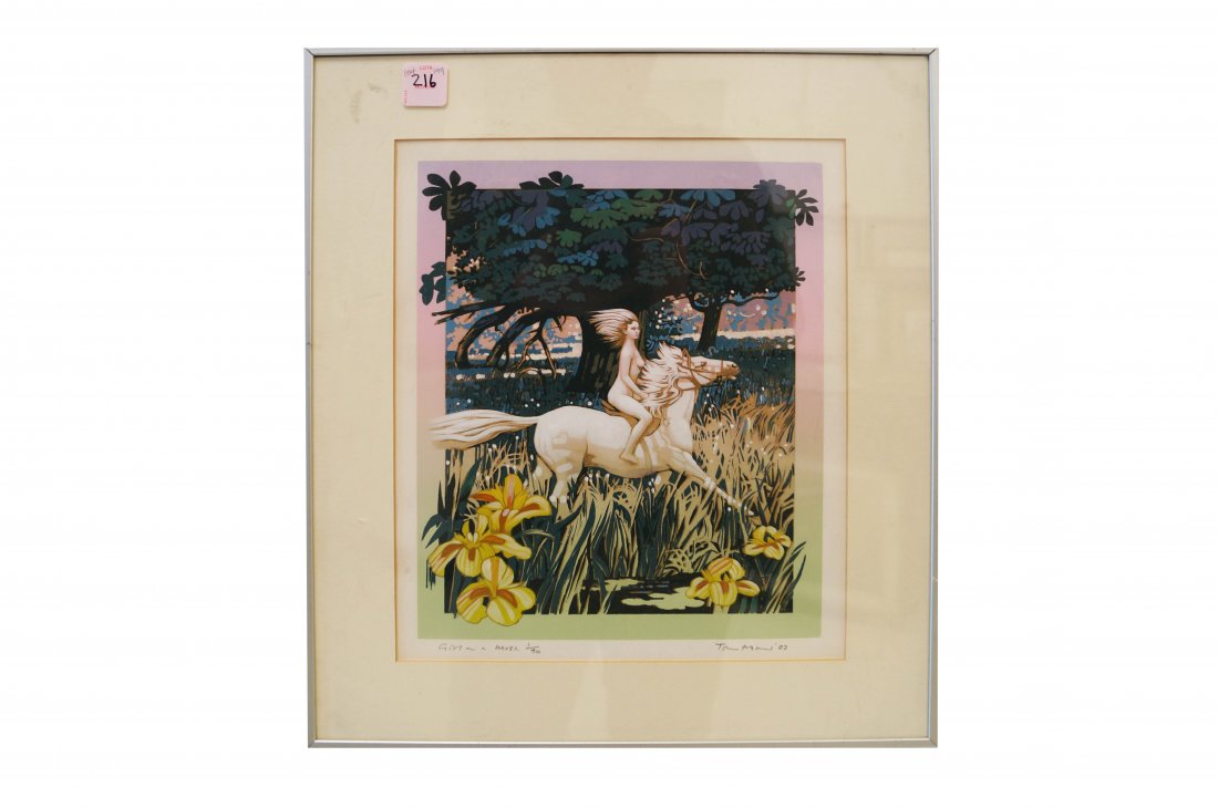 TOM ADAMS (AMERICAN 1926-), SERIGRAPH, "GIRL ON HORSE",: TOM ADAMS (AMERICAN 1926-), SERIGRAPH, "GIRL ON HORSE", SIGNED, DATED AND NUMBERED. 11 X 10"; FRAMED AND GLAZED-16 X 14"