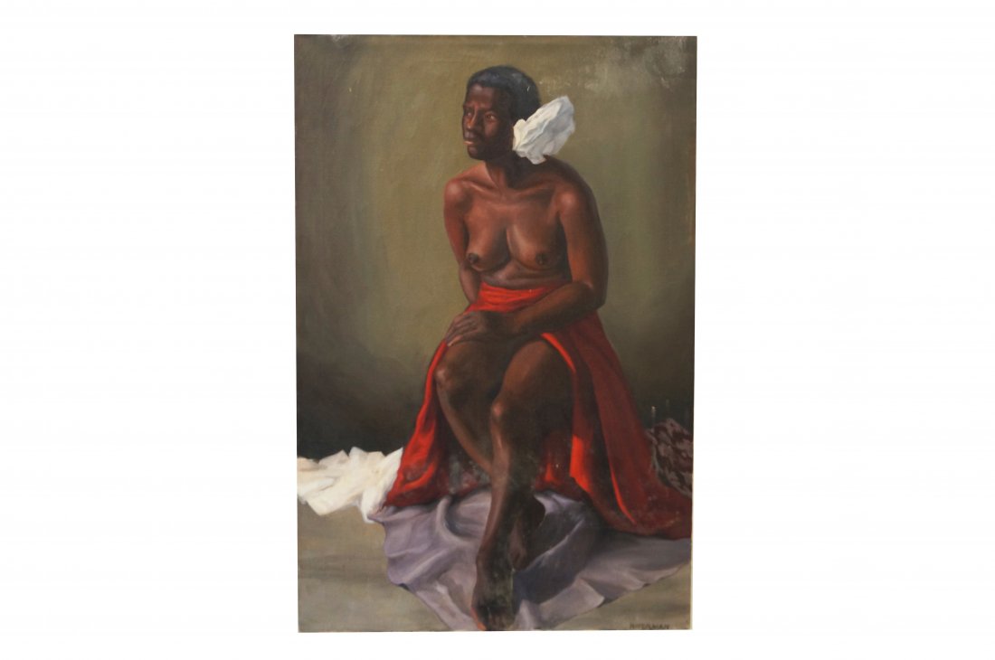 AMERICAN SCHOOL (20TH CENTURY), OIL ON CANVAS,: AMERICAN SCHOOL (20TH CENTURY), OIL ON CANVAS, AFRICAN-AMERICAN NUDE STUDY, SIGNED WATERMAN. 36 X 24"