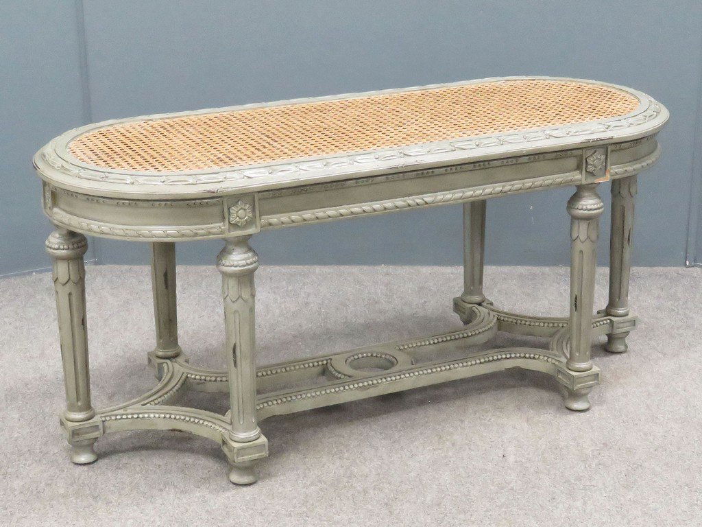 FRENCH STYLE CARVED AND PAINTED CANED SEAT BENCH. (1 of 3)