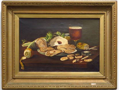 ANDREW JOHN HENRY WAY (AMERICAN MARYLAND/DISTRICT OF: ANDREW JOHN HENRY WAY (AMERICAN MARYLAND/DISTRICT OF COLUMBIA 1826-1888), OIL ON CANVAS, STILL LIFE WITH OYSTERS AND BEER, SIGNED 1871. 12 X 18"; FRAMED 20 X 25" PROVENANCE: ESTATE OF ALBERT WEIL