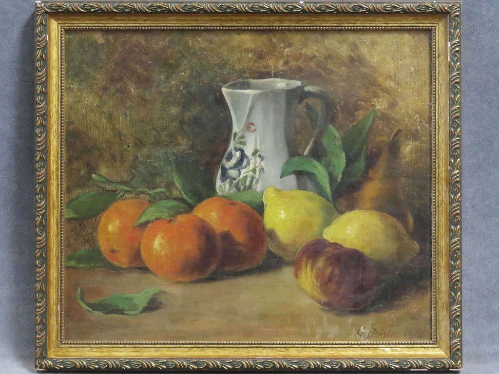 G. BOISTEL (FRENCH 19/20TH CENTURY), OIL ON CANVAS: G. BOISTEL (FRENCH 19/20TH CENTURY), OIL ON CANVAS BOARD, ORANGES AND LEMONS, SIGNED 1915. 12 X 14"; FRAMED 14 X 16"