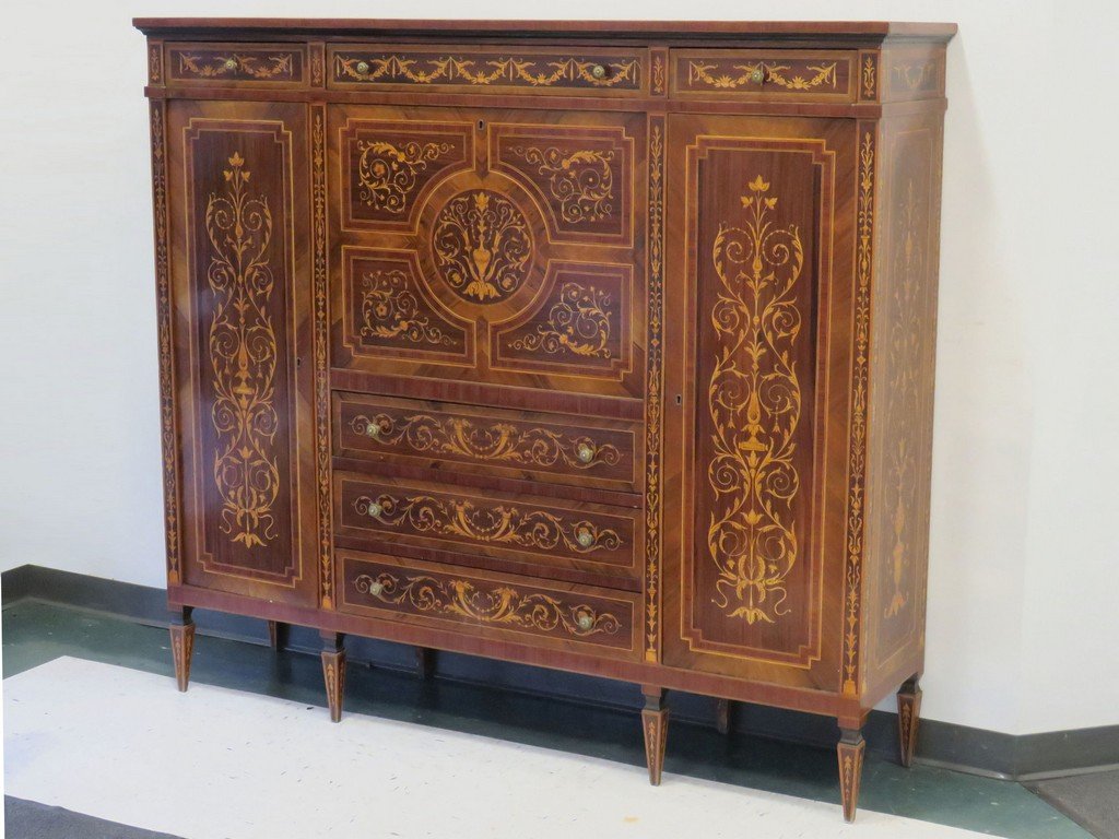 ITALIAN MID-CENTURY MODERN INLAID ROSEWOOD AND SATIN: ITALIAN MID-CENTURY MODERN INLAID ROSEWOOD AND SATIN WOOD HIGH CREDENZA, IN THE MANNER OF GIOVANNI GARIBALDI. HEIGHT 61"; WIDTH 68"; DEPTH 16 1/2" (GALLERIA CALBRESE CATINIA LABEL VERSO)