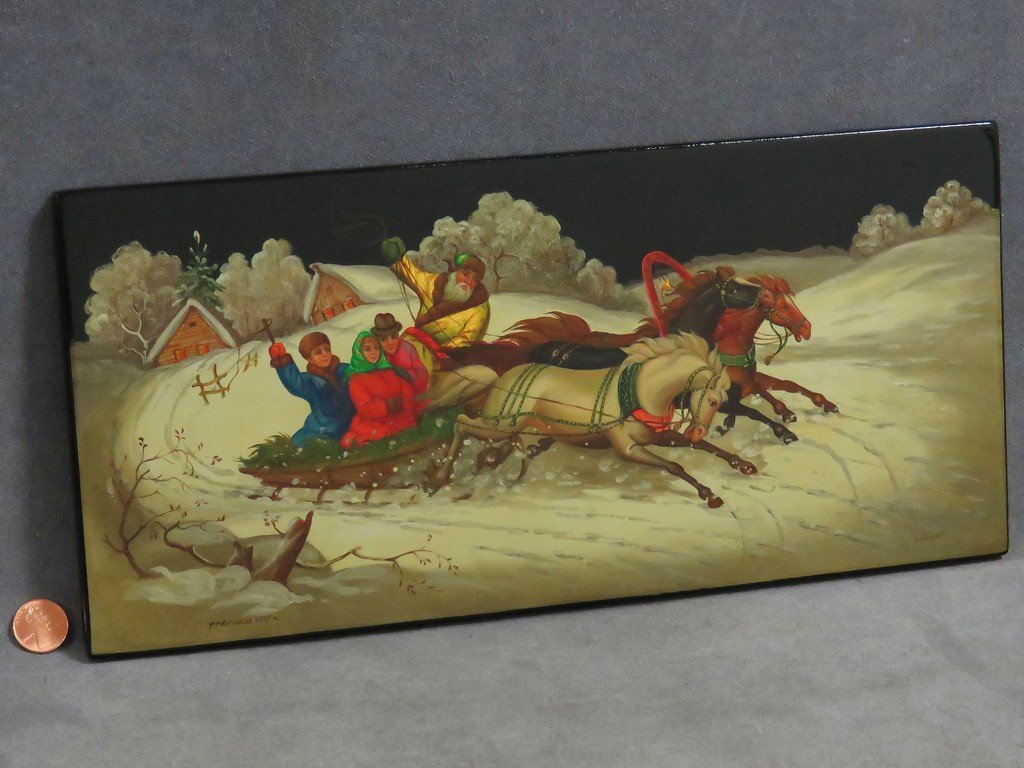 RUSSIAN LACQUERED PLAQUE, TROIKA, SIGNED AND DATED (1 of 3)