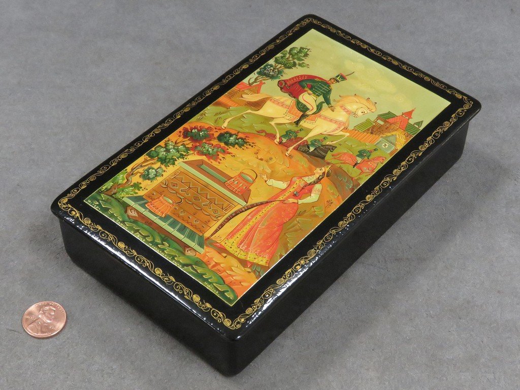 RUSSIAN LACQUERED BOX, PRINCESS AT WELL, INSCRIBED AND: RUSSIAN LACQUERED BOX, PRINCESS AT WELL, INSCRIBED AND SIGNED (WITH CERTIFICATE). 7 X 4 1/4"