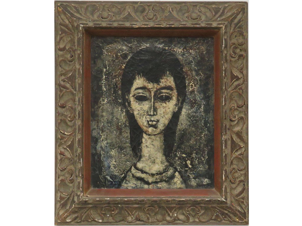 ENRICO CAMPAGNOLA (AMERICAN 1911-1984), OIL ON CANVAS,: ENRICO CAMPAGNOLA (AMERICAN 1911-1984), OIL ON CANVAS, PORTRAIT OF A YOUNG GIRL, SIGNED. 16 X 13"; FRAMED 23 X 20"
