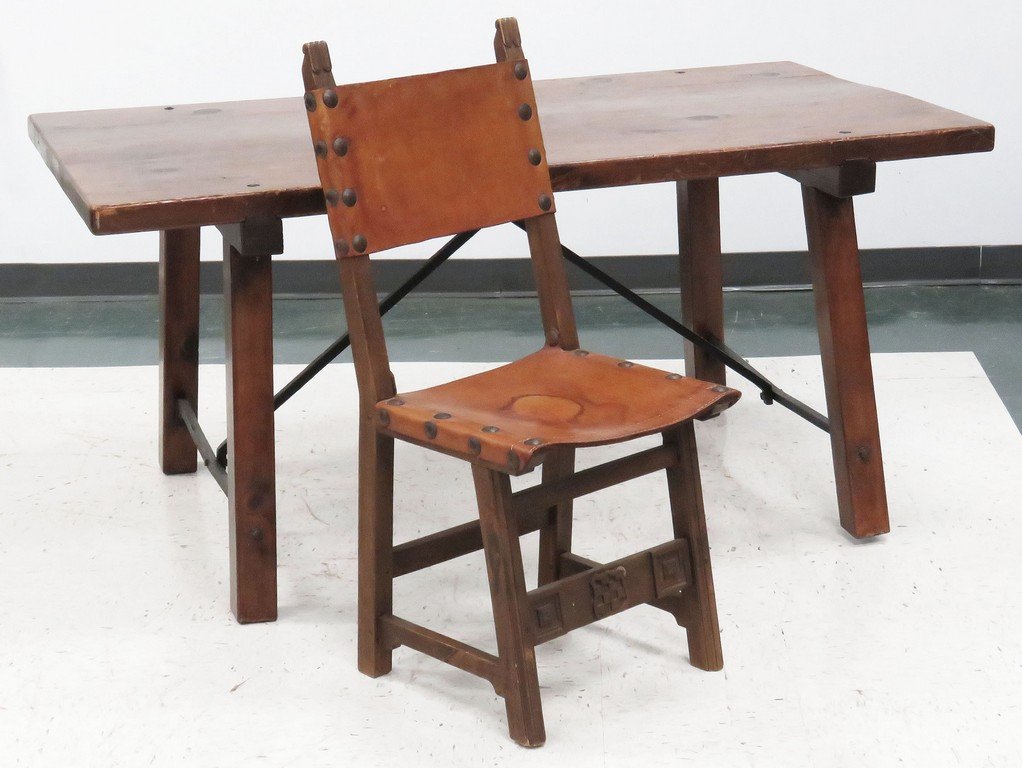 SPANISH PINE AND WROUGHT IRON DESK. HEIGHT 29"; TOP 35 (1 of 5)
