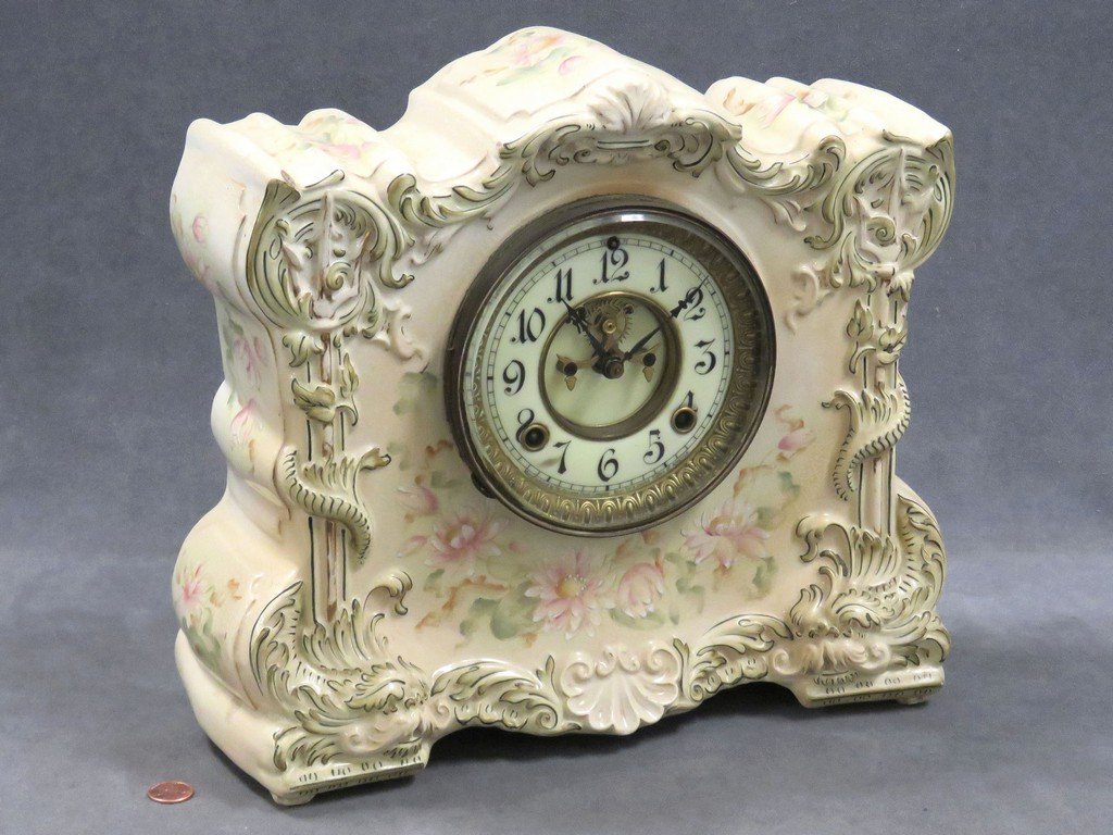 ANSONIA DECORATED PORCELAIN "OSCEOLA" MANTLE CLOCK WITH (1 of 6)