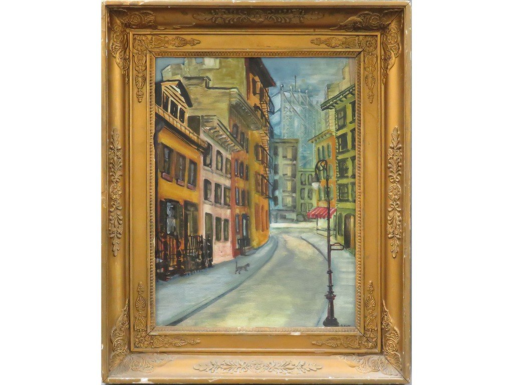 MARIE FLORA KATZ (AMERICAN NY 1884-), OIL ON ARTIST: MARIE FLORA KATZ (AMERICAN NY 1884-), OIL ON ARTIST BOARD, GREENWICH VILLAGE, SIGNED C.1930'S. 22 1/4 X 17"; FRAMED 30 X 24"
