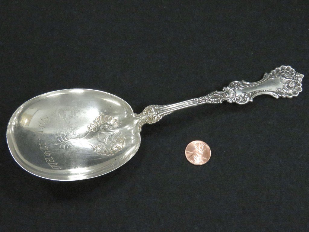 WHITING "POMPADOUR" STERLING BERRY SPOON, INSCRIBED (1 of 2)