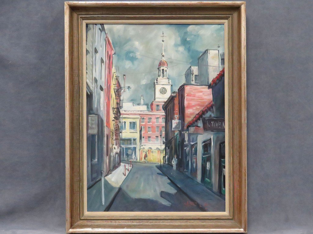 ALBERT BERTIL TOLF (AMERICAN 1911-1996), OIL ON CANVAS: ALBERT BERTIL TOLF (AMERICAN 1911-1996), OIL ON CANVAS BOARD, STREET SCENE-BOSTON, SIGNED. 24 X 18"; FRAMED 29 X 23"