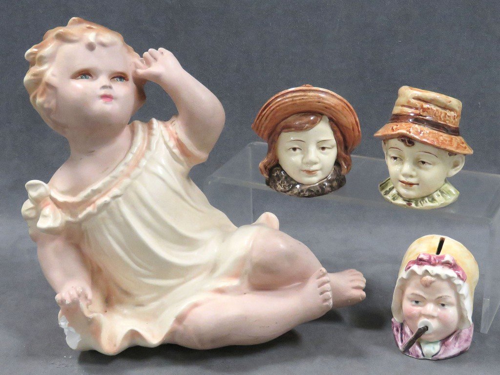 LOT (4) INCLUDING (3) MAJOLICA HEAD BANKS, (1 of 4)