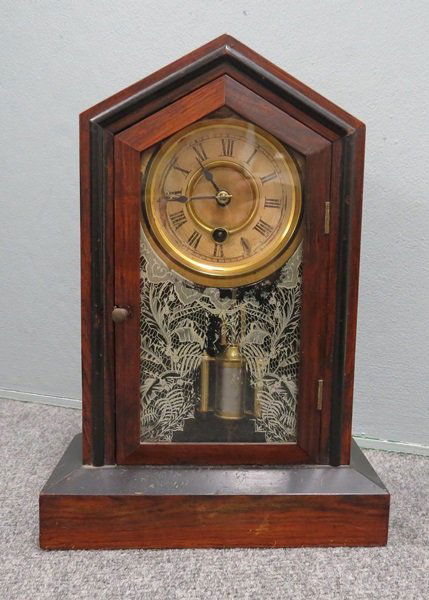 VICTORIAN ROSEWOOD COTTAGE SHELF CLOCK, 19TH CENTURY. (1 of 4)