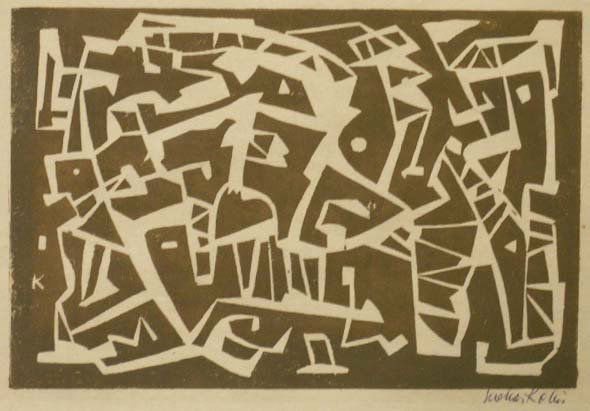 WOODCUT ON TISSUE, ABSTRACT, KOLIN: WOODCUT ON TISSUE, ABSTRACT, SIGNED SACHA KOLIN (AMERICAN 1911-1981). PLATE 6 X 9", SHEETS 11 1/2 X 12 1/2" (HINGED)
