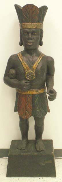 CARVED/PAINTED CIGAR STORE INDIAN: CARVED/PAINTED CIGAR STORE INDIAN, IN THE MANNER OF THE "VIRGINIAN" (SEE ARTISTS IN WOOD, FRIED). HEIGHT 57" **NO IN-HOUSE SHIPPING**