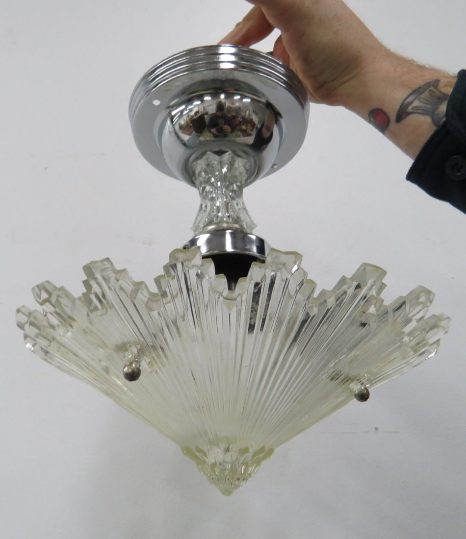 ART DECO STRIATED AND CUT GLASS HANGING LIGHTING: ART DECO STRIATED AND CUT GLASS HANGING LIGHTING FIXTURE. HEIGHT 10"