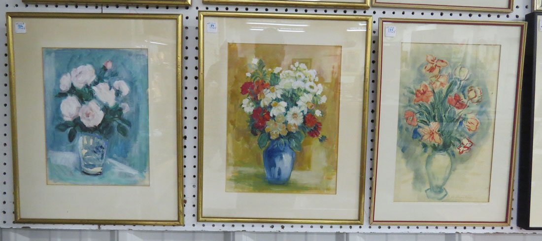 B.H. AROSTIAN (ARMENIAN/AMERICAN 20TH CENTURY), LOT (3): B.H. AROSTIAN (ARMENIAN/AMERICAN 20TH CENTURY), LOT (3) WATERCOLOR AND GOUACHE ON PAPER, FLORAL ARRANGEMENTS, SIGNED. 16 X 10"; FRAMED AND GLAZED-21 X 15"