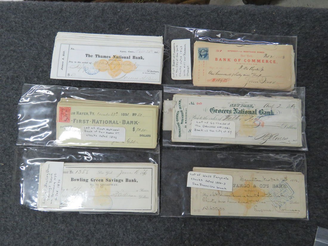LOT ASSORTED CHECKS INCLUDING THAMES NATIONAL BANK OF: LOT ASSORTED CHECKS INCLUDING THAMES NATIONAL BANK OF NORWICH, CT, 1875; WELLS FARGO & CO. SAN FRANCISCO, 1882; FIRST NATIONAL BANK OF FAIR HAVEN VT, 1898; BANK OF COMMERCE, CITY OF NY, 1873; GROCERS 