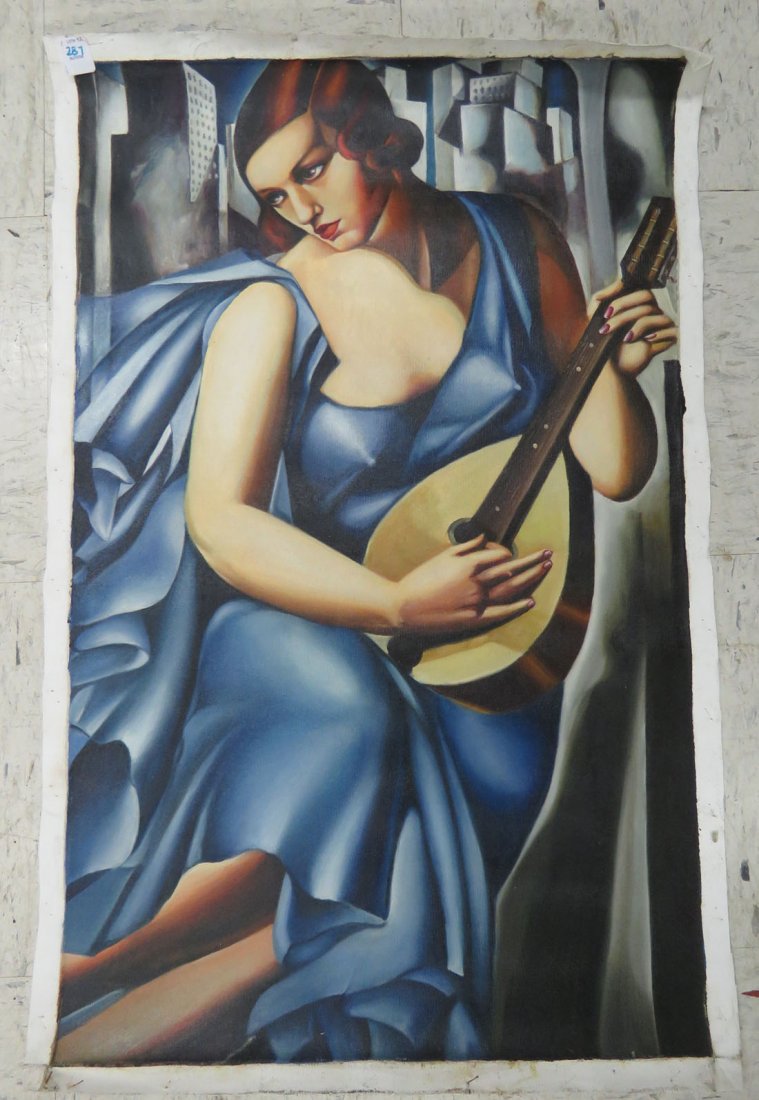 AFTER TAMARA DE LEMPICKA, OIL ON CANVAS, THE MANDOLIN.: AFTER TAMARA DE LEMPICKA, OIL ON CANVAS, THE MANDOLIN. 31 X 19 1/2"