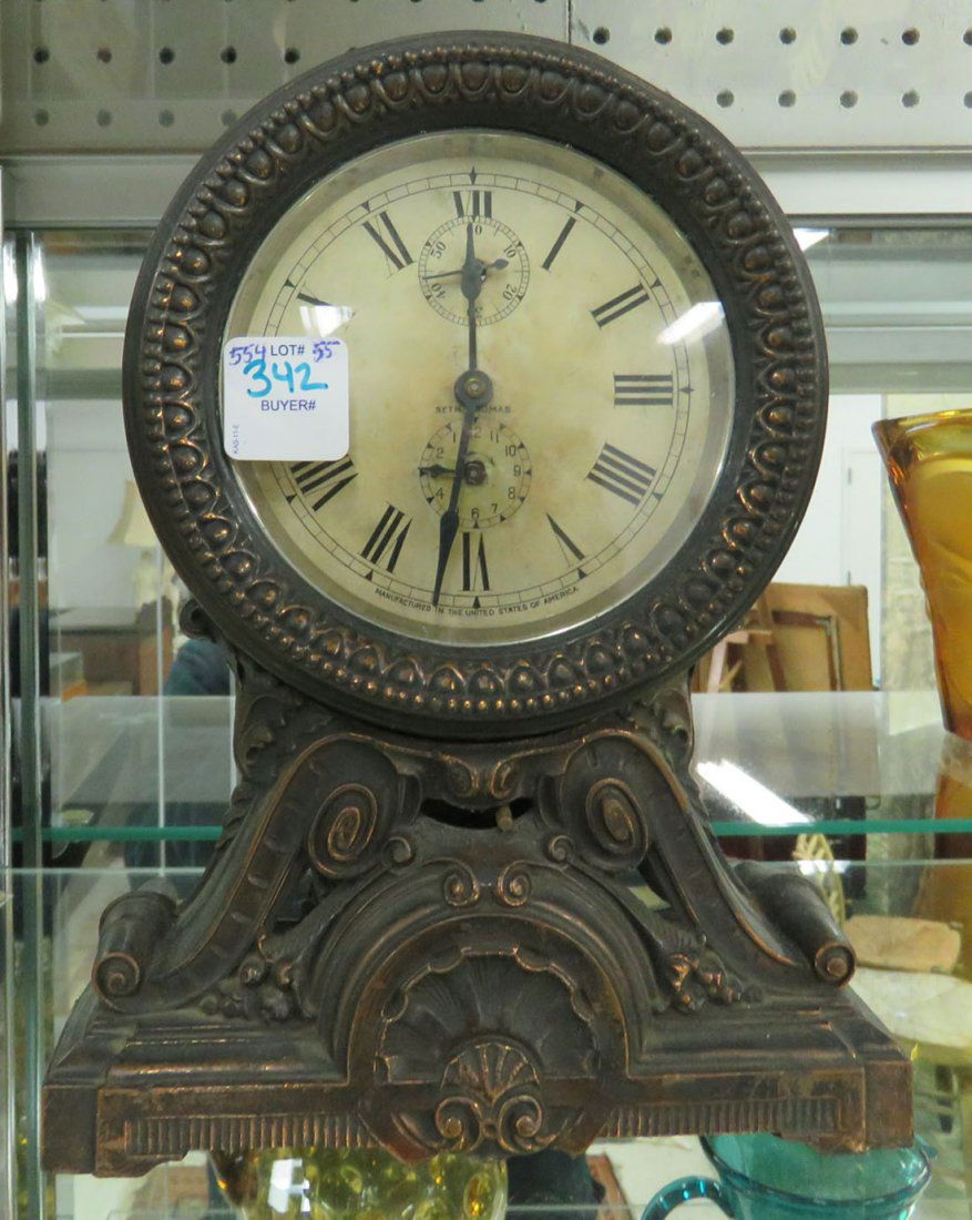 VINTAGE SETH THOMAS PATINATED METAL ALARM CLOCK. HEIGHT (1 of 1)