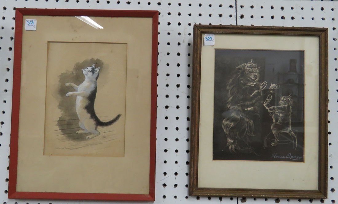 LOT (2) INCLUDING ILLUSTRATION FROM QUEEN FUSSY BY: LOT (2) INCLUDING ILLUSTRATION FROM QUEEN FUSSY BY ELVERA SPIVEY, FRAMED AND GLAZED-15 X 12" AND WATERCOLOR AND GOUACHE, BEGGING CAT, SIGNED J. RANDOLPH BROWN, FRAMED AND GLAZED-16 3/8 X 12 3/4"
