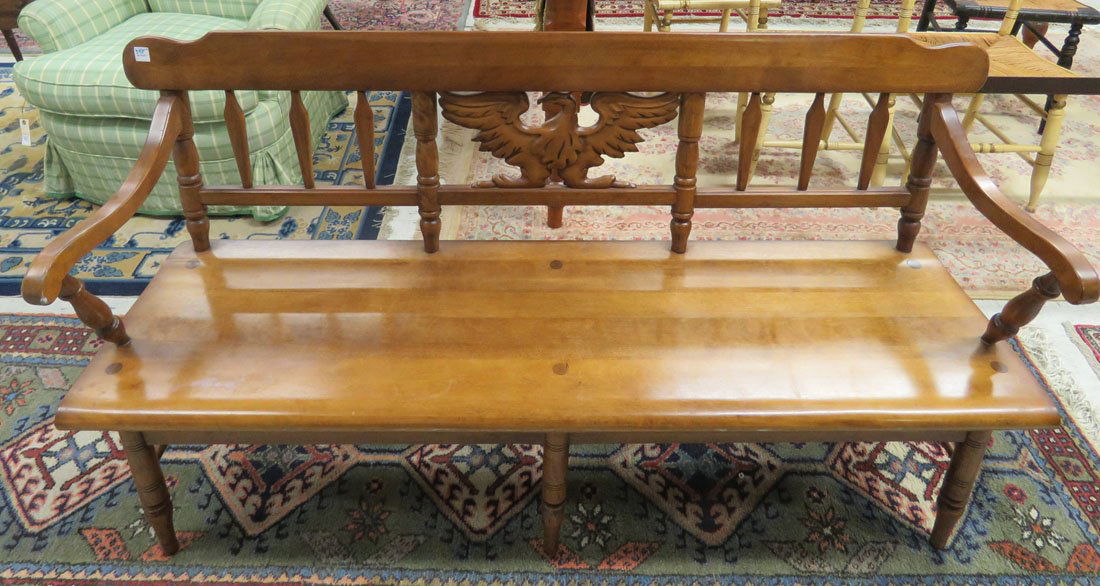 CARVED MAPLE BENCH WITH EAGLE BACK SPLAT, CUSHMAN: CARVED MAPLE BENCH WITH EAGLE BACK SPLAT, CUSHMAN FURNITURE. LENGTH 63"