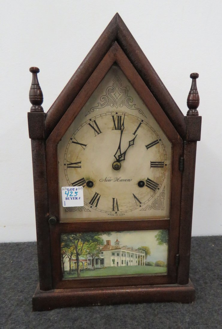 NEW HAVEN MAHOGANY STEEPLE CLOCK, 1920. HEIGHT 14" (1 of 3)