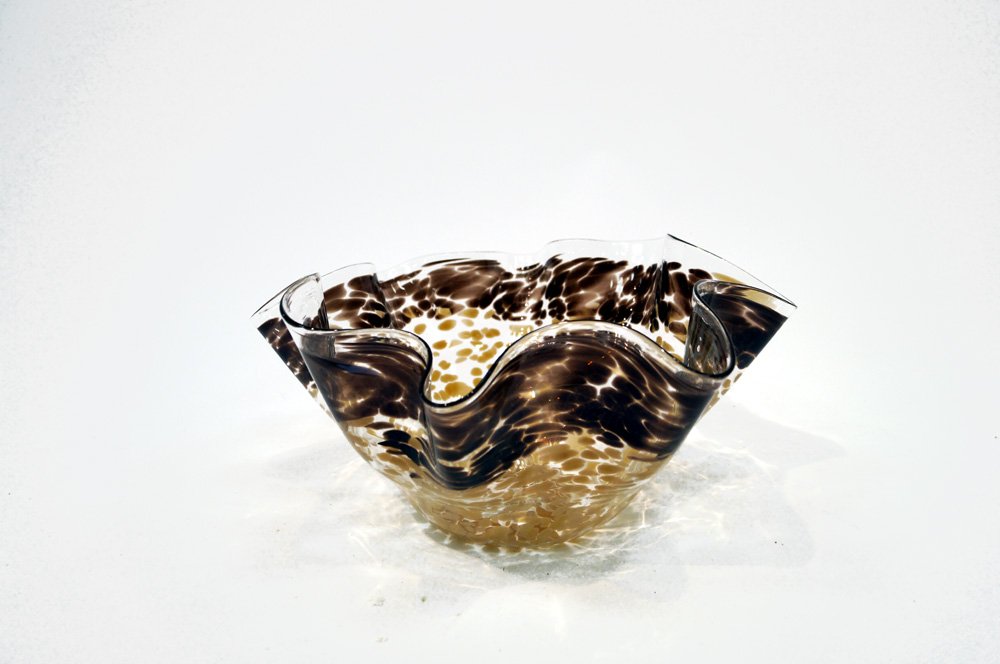 JOHN BURCHETTA ART GLASS BOWL, SIGNED. HEIGHT 7";