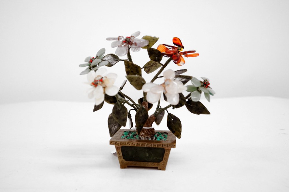 CHINESE CARVED JADE AND HARDSTONE FLOWERING TREE. (1 of 3)