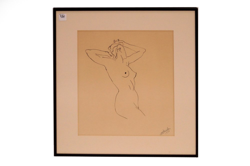 EZIO MARTINELLI (AMERICAN 1913-1981), INK AND GRAPHITE: EZIO MARTINELLI (AMERICAN 1913-1981), INK AND GRAPHITE ON PAPER, NUDE STUDY, SIGNED 1964. SIGHT 15 1/4 X 12 1/4"; FRAMED AND GLAZED-21 3/4 X 18 3/4"