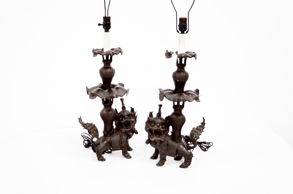 PAIR CHINESE BRONZE FOO DOG ALTAR CANDLESTICK, MOUNTED (1 of 3)