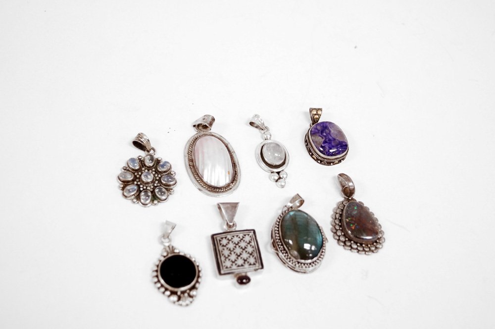 LOT (8) STERLING HARDSTONE PENDANTS INCLUDING NIELLO (1 of 4)