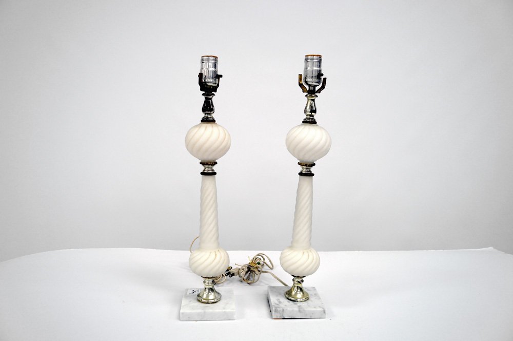 PAIR MID-CENTURY MODERN SATIN GLASS LAMPS WITH MARBLE (1 of 2)