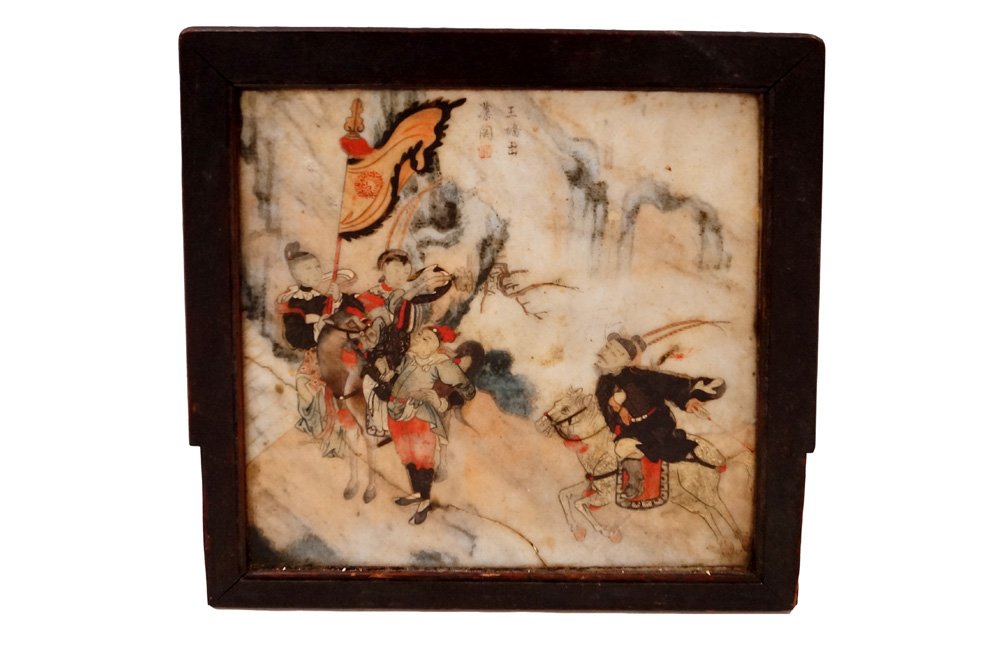 CHINESE HAND PAINTED MARBLE TABLE SCREEN PANEL, (1 of 4)