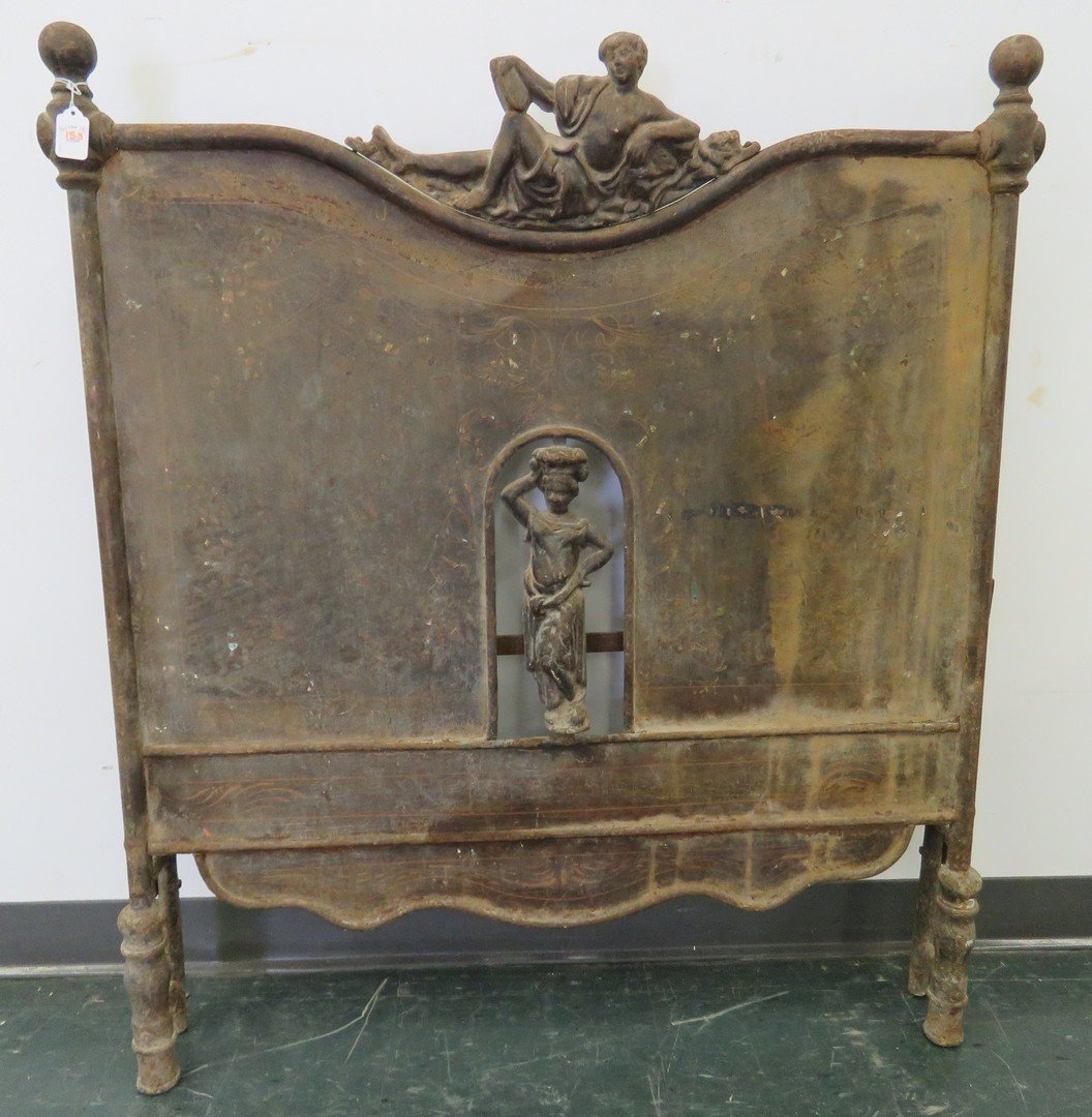 ARCHAIC-FORM FIGURAL CAST IRON TWIN HEADBOARD. HEIGHT (1 of 4)