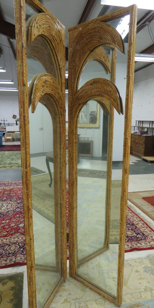 MID-CENTURY MODERN BAMBOO MIRRORED PANEL SCREEN WITH (1 of 3)