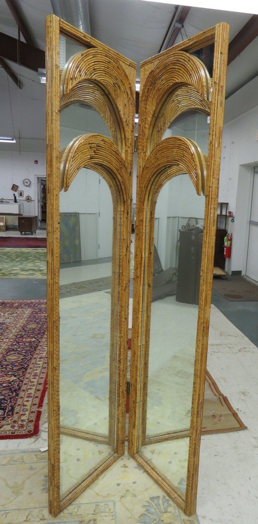 MID-CENTURY MODERN BAMBOO MIRRORED PANEL SCREEN WITH (1 of 3)