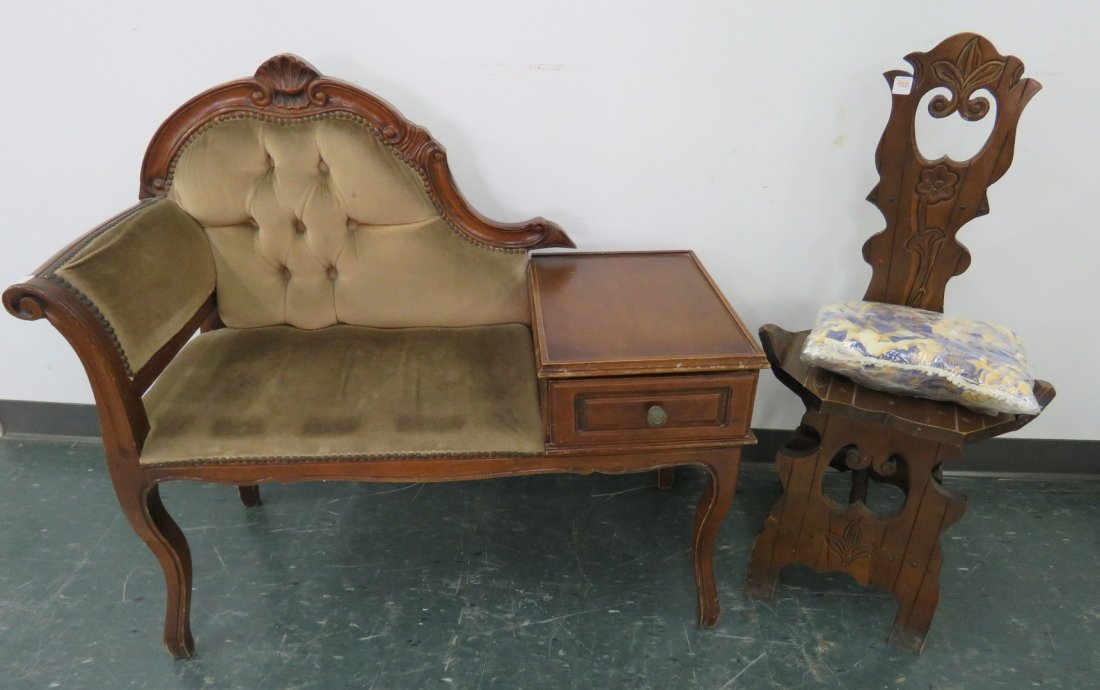 LOT (2) TUFTED UPHOLSTERED AND CARVED TELEPHONE BENCH (1 of 7)