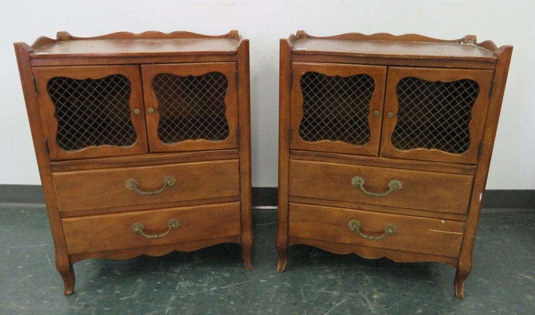 PAIR FRENCH PROVINCIAL STYLE FRUITWOOD BEDSIDE STANDS. (1 of 6)
