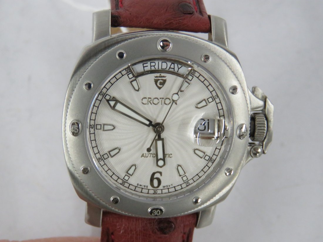 CROTON STAINLESS DAY/DATE AUTOMATIC WRISTWATCH WITH: CROTON STAINLESS DAY/DATE AUTOMATIC WRISTWATCH WITH OSTRICH DEPLOYANT BAND