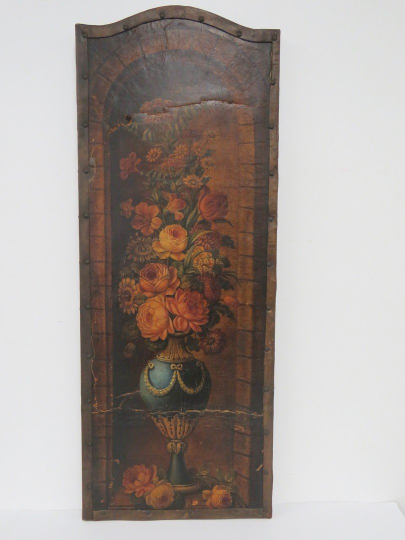 CONTINENTAL SCHOOL (19TH CENTURY), OIL ON LEATHER: CONTINENTAL SCHOOL (19TH CENTURY), OIL ON LEATHER PANEL, STILL LIFE. HEIGHT 47+ACIAOw- WIDTH 18+ACI- (RELINED/IMPERFECTIONS)