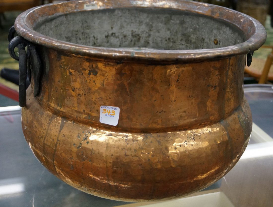 VINTAGE COPPER POT WITH WROUGHT IRON HANDLES. HEIGHT (1 of 2)