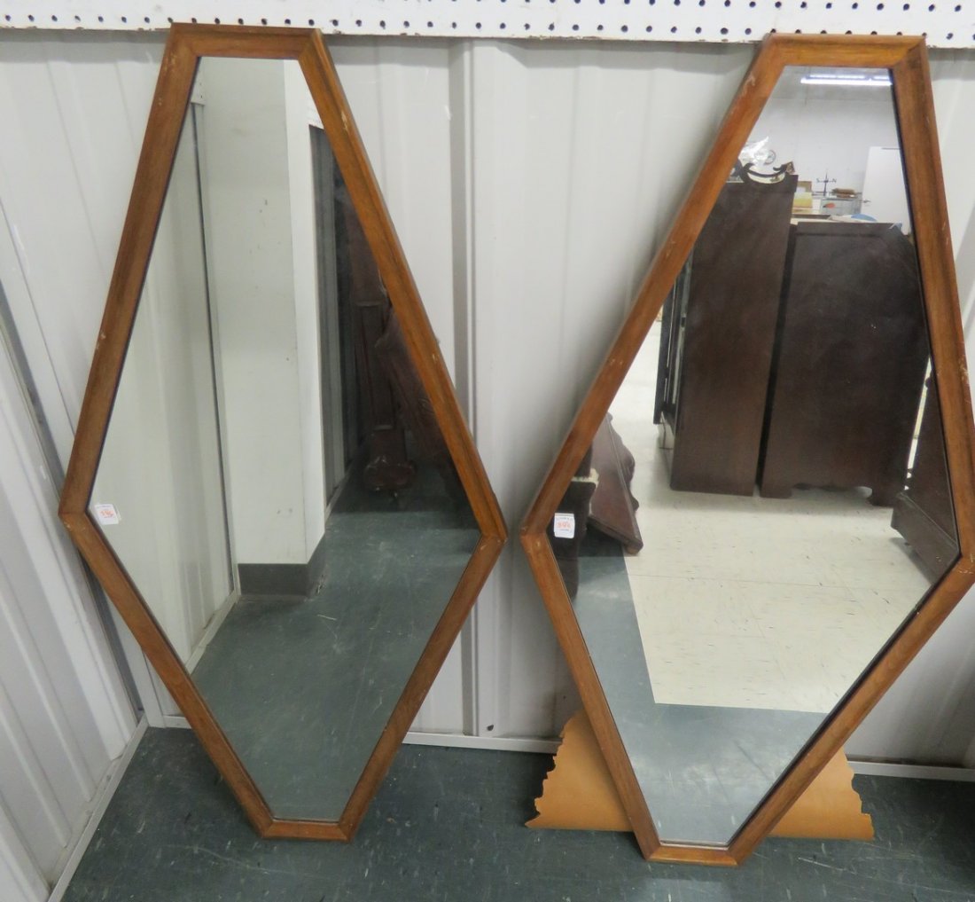 LOT (2) MID-CENTURY DIAMOND SHAPED WALNUT MIRRORS. (1 of 2)