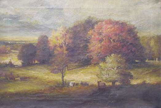 OIL ON CANVAS, AUTUMN LANDSCAPE WITH COWS: OIL ON CANVAS, AUTUMN LANDSCAPE WITH COWS, SIGNED ILLEGIBLY IN THE MANNER OF GEORGE INNESS JR. (AMERICAN 1853-1926). 18 X 26" **NO IN-HOUSE SHIPPING**
