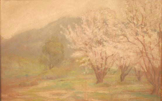 PASTEL, APPLE BLOSSOMS, SIGNED F.E. DUVALL: PASTEL, APPLE BLOSSOMS, SIGNED F.E. DUVALL (FANNIE ELIZA, LOS ANGELES CALIFORNIA 1861-1934). 13 X 20"