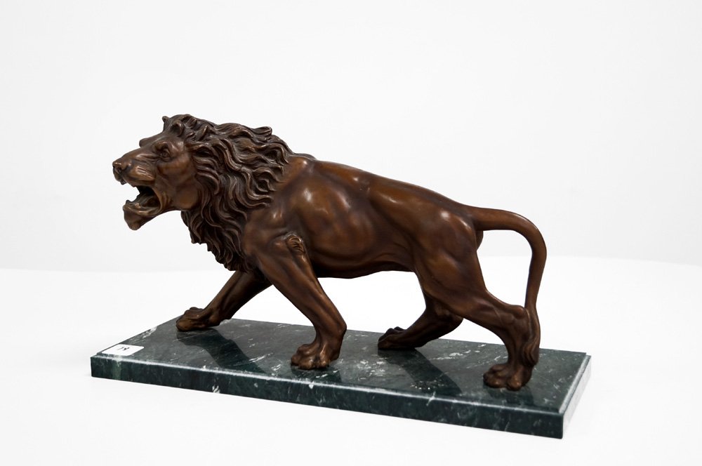 BRONZE STRIDING LION ON MARBLE BASE. HEIGHT 8 3/8"; (1 of 3)