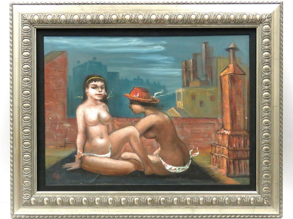 ALBERT PELS (AMERICAN/NY 1910-1998), OIL ON ARTIST: ALBERT PELS (AMERICAN/NY 1910-1998), OIL ON ARTIST BOARD, "SUN WORSHIPERS ON TAR BEACH, NEW YORK", SIGNED AND TITLED. 18 X 24"; FRAMED 24 X 30"